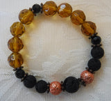 Black and Peach Lava Stone with Yellow Glass Beaded Stretch Bracelet