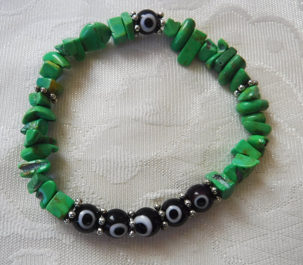 Black Evil Eye and Green Magnesite Beaded Stretch Bracelet