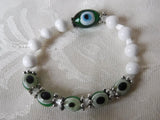 Green Evil Eye and White Beaded Stretch Bracelet
