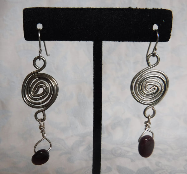 Spiral Dangle Earrings with Garnet Drop